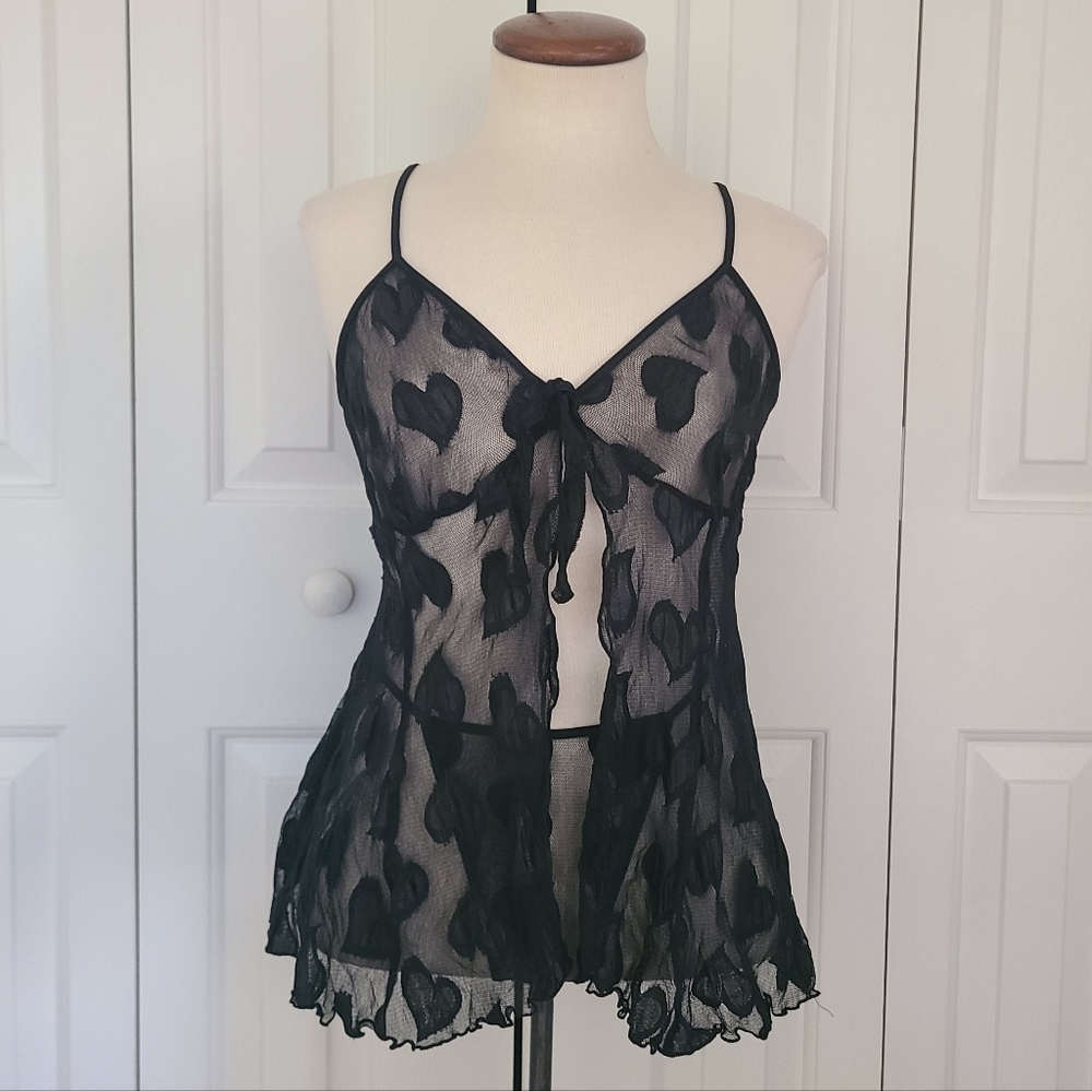 Victoria's Secret Babydoll Top Size S Y2K Mesh Hearts Flyaway Split Front Thong